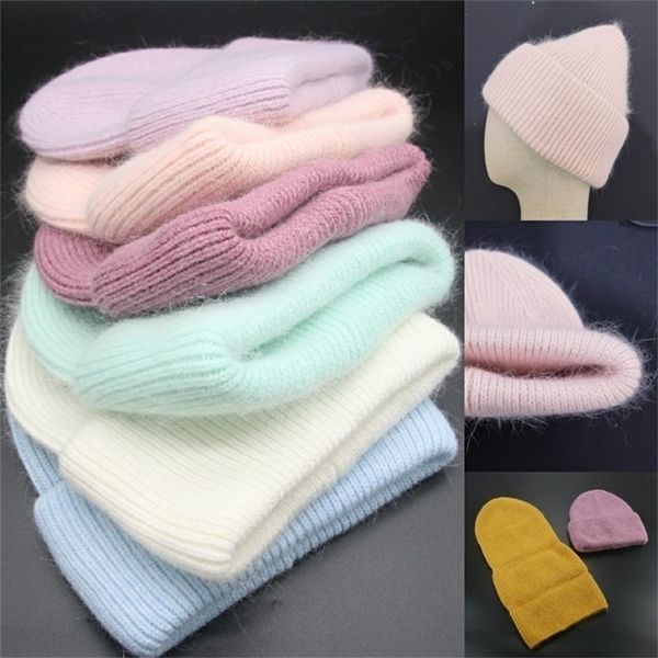 Bonnet/tête de mort casquettes BeanieSkull casquettes chapeau bonnet d'hiver véritable bonnet de fourrure de lapin s pour femmes solide Skullies tricoté femme 220927