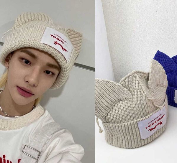 Beanie / Skull Caps BeanieSkull Caps KPOP Stray Kids Felix Même Bonnets Oreilles de Chat Chapeau Tricoté Mignon Laine Casual Hommes Femmes Accessoires 221128