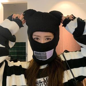 Beanie/Skull Caps Bear Ears Balaclava Ladies 1 Hole Ski Mask Handmade Haakhaak Volledig gezicht Wooly Hat Cute Girl Winter Streetwear Warm Beanie Da