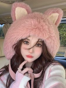 Bonnet/tête de mort casquettes grande oreille tricoté chapeau hiver édition coréenne pleine peluche chaud oreille laine chapeau femmes rose peluche boule chapeau Z230809