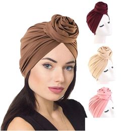 Bonnet / Skull Caps Big Flower Turban Bonnet Femmes Musulman Hijab Dames Bandana Chemo Cap Chapeau Africain Fête De Mariage Headpiece T Dhgarden Dh5Mg