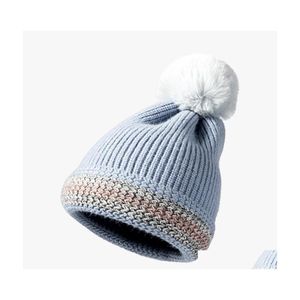 Bonnet / Skull Caps Casual Street Femmes Hiver Tricoté Chapeau Classique Rayé Motif Géométrique Bonnet Avec Pompon Ball Drop Livraison Ot1In