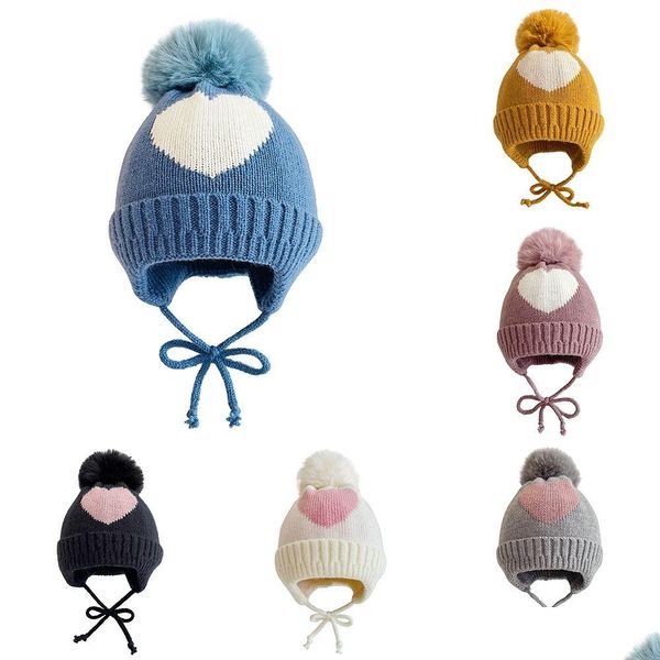 Bonnet / Casquettes De Crâne Enfants Chapeau Bonnet Jacquard Amour Hiver Chaud Tricoté Bébé Boule De Cheveux Oreille Cap Drop Delivery Accessoires De Mode Ha Dhgs3