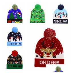 Gorro/Gorras De Calavera Patrones Lindos De Navidad Gorros De Festival Con Luces Led Novedad Pom-Pom Beanie Tamaño 56-60 Cm Skl Caps 15 Opciones Mezcla Dhdw8