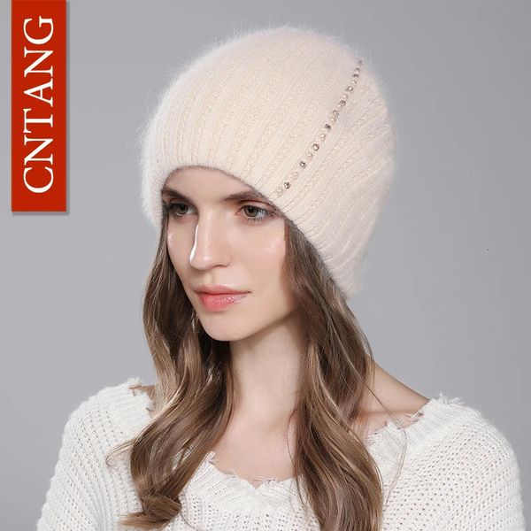 Bonnet/Crâne Casquettes CNTANG Femmes Angora Lapin Fourrure Chapeau D'hiver Tricoté Chaud Bonnets De Mode De Luxe Designer Chapeaux Pour Femme Avec Perle Diamant Cap 231102