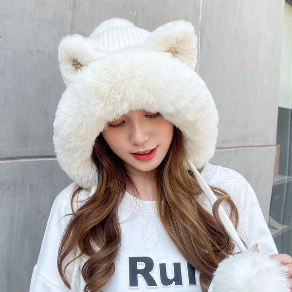 Beanie Skull Caps COKK Sombreros de invierno para mujer Beanie Cute Cat Ear Knitted Bonnet Femme Terciopelo grueso Keep Warm Cap con pompón Gorro 230729