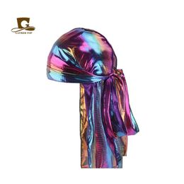 Beanie/Skull Caps Colorf Sparkly Durags Turban Bandanas Mens Glanzende zijdeachtige Durag Hoofdkleding Hoofdbanden Haar ER Accessoires Wave Rags Hat Dh0pv