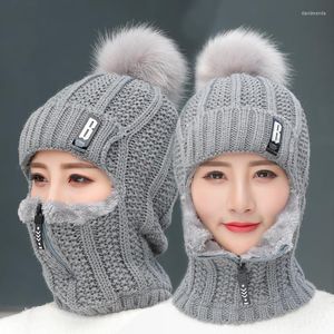 Bonnet/crâne casquettes corail polaire hiver femmes chapeaux tricotés ajouter fourrure chaud pour avec fermeture éclair garder le visage plus chaud cagoule pompons casquette Davi22