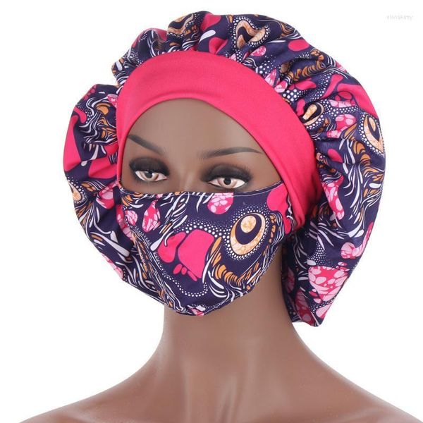 Gorros Beanie / Skull Caps Logotipo personalizado Patrón africano Impreso Hijab Bonnet con máscara Mujeres Satin Night Sleep Hair Cap Femme Extra Large Head Wrap Ol