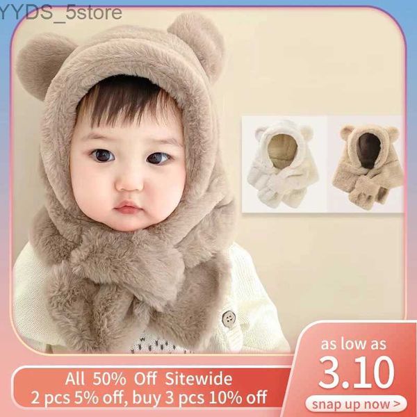 Bonnet/Crâne Caps Mignon Ours Hiver Peluche Enfants Écharpe Chapeau Bébé Oreille Protection Cap Enfants Garçons Filles En Plein Air Ski Coupe-Vent Bonnets Cou Snood 3M-3Y YQ231108