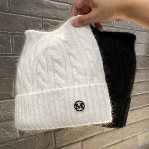 Beanie/Skull Caps Schattig Kat Oor Dames Winterhoeden Echt konijnenbont Gebreide muts Letter M Buiten Wandelen voor meisjes Muts Dikker Warm Skullies Mutsen 231108