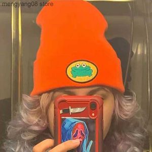 Beanie/Skull Caps Leuke Borduren Froggie Beanie Grappige Oranje Anime Hoed Cartoon TV Hoed Gebreide Winter Hoeden voor Vrouwen mannen T230719