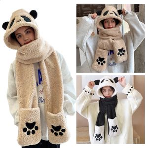 Bonnet/Crâne Casquettes Mignon Panda Chapeau Écharpe Gants 3 pièces Ensemble En Peluche Moelleux Dessin Animé Chapeau Femmes Hiver Animaux Pattes Coupe-Vent À Capuche Casquette Écharpe Mitaine 231118