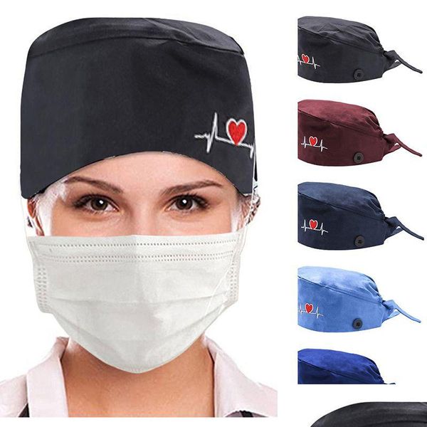 Bonnet/tête de mort casquettes broderie bonnet coeur forme coton réglable infirmière chirurgicale femmes vétérinaire animalerie gommage chapeau dentiste travail anti-poussière