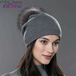 Bonnet/Crâne Casquettes ENJOYFUR Hiver femmes vraie fourrure pom chapeaux laine tricoté épais chaud doublé bonnets chapeau dame mode bobble ski casquettes YQ231108