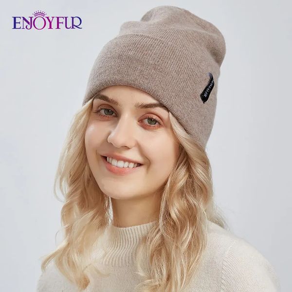 Bonnet/Crâne Casquettes ENJOYFUR Femmes Chapeaux D'hiver Cachemire Laine Tricot Bonnet Doux Chaud Double Couche Unisexe Revers Slouchy Beanie Ski Cap 231102