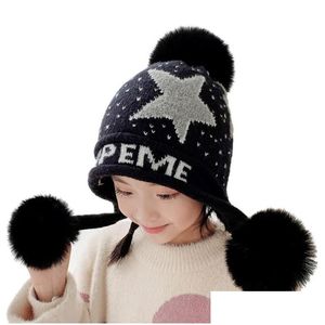 Beanie/Skull Caps Fashion Accessories Winter Kids Hat Mask Set gebreide Warm Fleece Outdoor Pompom For Girl Boy Child Face Drop Lever Dhbnu