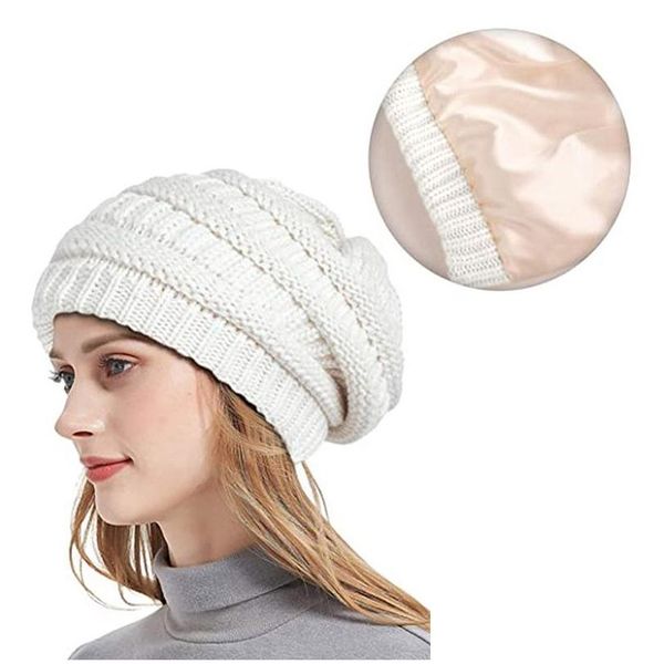 Beanie/Gorras de calavera Moda Otoño Invierno Gorros cálidos gruesos para mujeres con forro de satén elástico Gorro de punto de lana geométrica Sólido hecho a mano Be