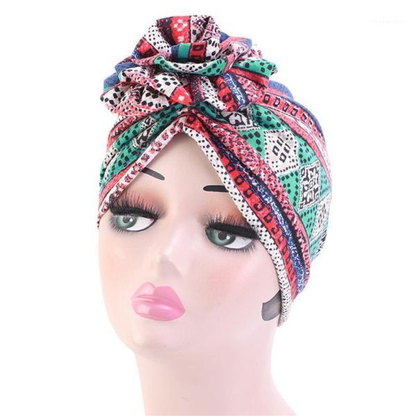 Beanie / Skull Caps Moda Flor Impreso Señoras Turbante Sombrero Boho Étnico Musulmán Beanie Mujeres Nudo Twist India Mujer Cabeza Wrap1