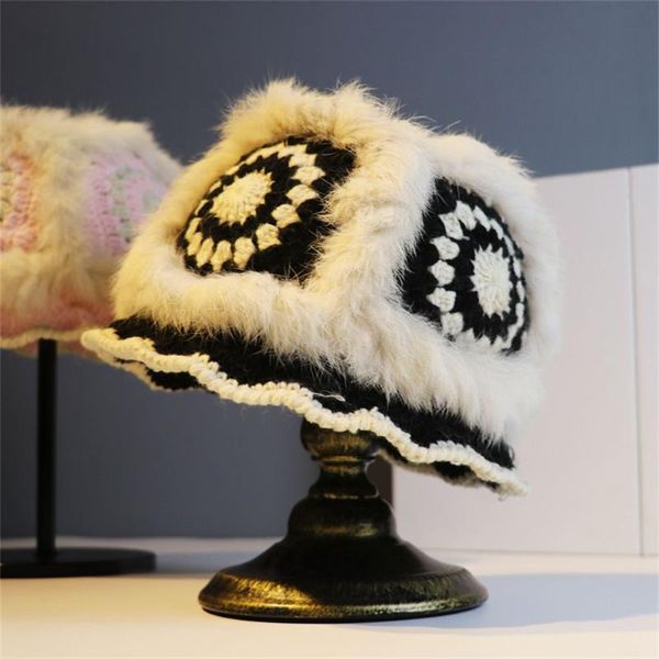 Gorro/Gorras de Calavera Moda Piel Real Sombrero de Cubo Mujer Chica Grueso Cálido Invierno Plegable Hueco Crochet Tejido Pescador HatBeanie/Skull Beanie