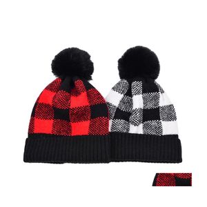 Beanie/Skull Caps Fashion Street Plaid Women Beanie Geknit hoeden konijn pur pompom herfst winter outdoor casual dames warme hoed drop de otelv