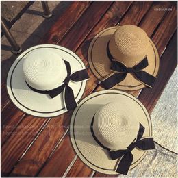 Bonnet/tête de mort casquettes à la mode femmes grand avant-toit chapeau parent-enfant arc parasol paille été coréen crème solaire plage chapeauBeanie/crâne Elob22