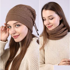 Beanie/Skull Caps Fleece Gevoerde Mti Hoed Nek Winter Warm Skl Cap Manchet Mutsen Gebreide Halsdoek Voor Vrouwen Mode Will En Sandy Gift Dhbiw