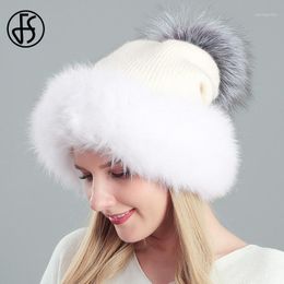 Beanie/Skull Caps FS 2021 Dames echte Rex Fur Hats Winter Skullies Beanies Warm zacht gebreide hoed Echte wasbeer Pompom -ontwerper Bonnets1