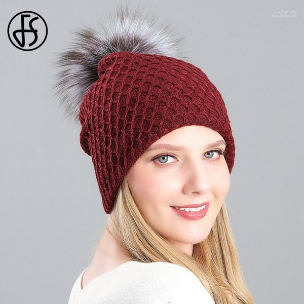 Bonnet/tête de mort casquettes FS 2022 hiver femmes vraie fourrure Pom perle Beanie chapeau décontracté velours Skullies bonnets tricotés chapeaux Slouchy Ski Cap1 Eger22