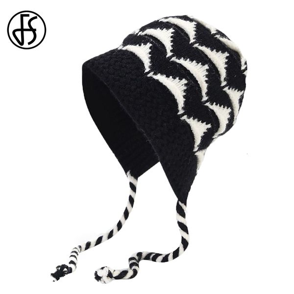 Bonnet Skull Caps FS hiver femmes noir blanc tricoté chapeau extérieur protection de l'oreille polyvalent chapeaux de laine mode longue bande décorative bonnet chaud 230825