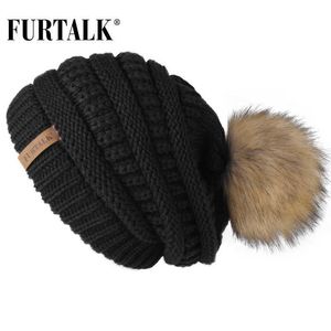 Beanie/Skull Caps Furtalk Autumn Winter Beanie Hat voor vrouwen gebreide pompom hoed slouchy beanie -schedels voor vrouwelijke zwarte rode gele motorkap Cap T221020