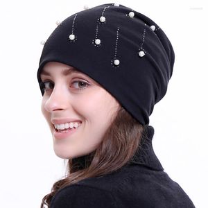 Bonnet/tête de mort casquettes Geebro femmes bonnet chapeau 2022 mode perle strass casquette Slouchy Skullies bonnets pour femme dame plaine cagoule Bonne