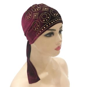 Muts / Skull Caps Gold Fluwelen Moslim Hoofddoek Hoed Dunne Dames Inner Hijab Bonnet Solid Diamond Turban India Hoofd Wrap Hoeden Voor Dame
