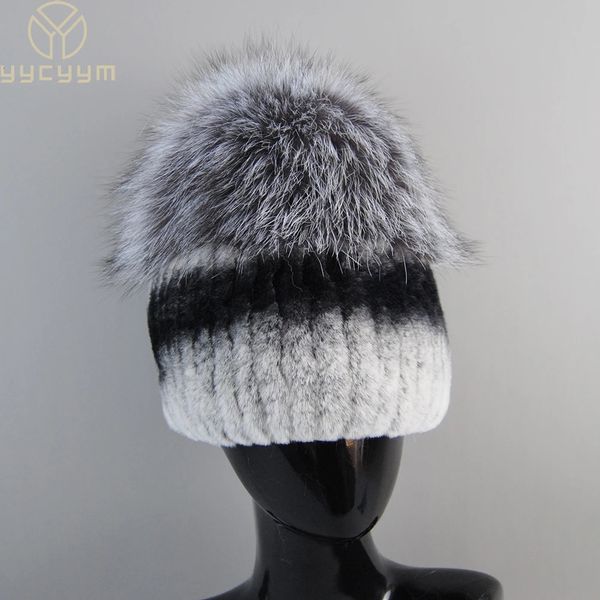 Bonnet / Skull Caps Bon élastique naturel moelleux argent renard fourrure chapeau hiver femmes tricoté réel Rex lapin fourrure chapeaux dame réel fourrure casquette en gros 231108