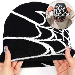 Bonnet/Skull Caps Goth Spider Web Jacquard Beanie Caps Y2K Vintage Tricoté Chaud Hip Hop Unisexe Slouchy Élastique Tricot Chapeau Skull Cap Pour Femmes Hommes YQ240207