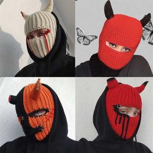 Beanie Skull Caps Halloween Grappige hoorns gebreide hoedwanies warm volle gezicht deksel ski masker hoed winddichte balaclava hoed voor outdoor 253F