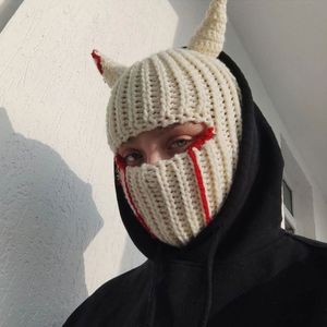 Bonnet/tête de mort casquettes Halloween cornes drôles bonnet tricoté bonnets chauds couverture intégrale masque de ski chapeau coupe-vent cagoule chapeau pour sport de plein air 230608