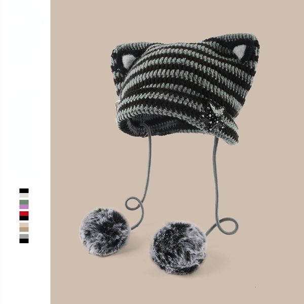 Bonnet/tête de mort fait à la main Y2k japonais chat oreille bonnets lapin cheveux pompon rayé chérie fille tricot casquette automne et hiver chaud femmes chapeaux 230715