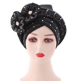 Banie Skull Caps Hanxi Luxury Rignestone Pearl Africain Hat Beanie Femme Fleur Auto Gele Headtie Lady Nigerian Turban Muslim Cap272Y