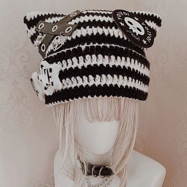 Bonnet / Crâne Casquettes Harajuku Style Japonais Gothique Bonnet Chapeau Rayé Bonnet Tricoté Automne Hiver Mignon Corne De Bœuf Y2K Fille Femmes Chapeaux 230904