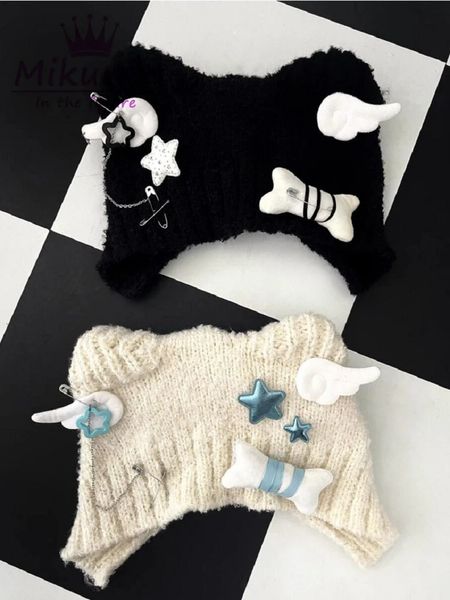 Bonnet/Crâne Casquettes Harajuku Y2k Étoile En Peluche Os Tricoté Chapeau Femmes Gothique Punk Ange Ailes Noir Bonnet Chapeau Automne Hiver Chaud Oreille Protecteur Casquettes 231208