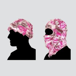 Bonnet Skull Caps Hip Hop Balaclava En détresse Tricoté Masque De Ski Complet Femmes En Plein Air Camouflage Polaire Fuzzy Bonnets Hommes Chapeau 231122