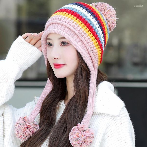 Bonnet/tête de mort casquettes HT3760 chapeau tricoté épais chaud deux couches oreillette doublé polaire coloré grosse boule Skullies bonnets femmes bonnet d'hiver Pros2