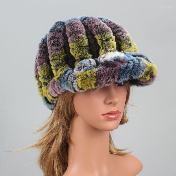 Bonnet/tête de mort casquettes ICYMI bonnets tricotés réel fourrure de Rex fleur rayé chapeau décontracté naturel femmes casquette femme russe Davi22