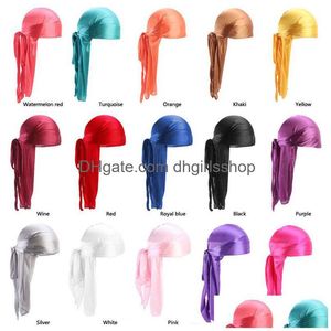 Bonnet / Crâne Caps Imitation Soie Longue Queue Écharpe Cap Satin Durags Bandana Turban Perruques Biker Bandeau Pirate Chapeau 18 Couleurs En Gros Dr Dhvsi