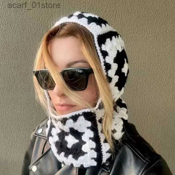 Beanie / Skull Caps Ins Pasamontañas de madera de ganchillo Mujeres Invierno Cálido Gorros de punto Cuadrado Sudadera con capucha Sombrero Protección para el cuello Máscara de esquí Cubierta de cara completa MaskL231202