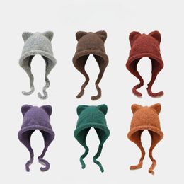 Bonnet / Crâne Caps Instagram Corée du Sud Oreille de chat mignon tricoté japonais pleine température coupe-vent cache-oreilles cravate chapeau pour femme 231023
