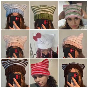 Beanie/Skull Caps Japanese Beanie Hat Girls Y2K Cat Ear Gebreide hoed Herfst en winter schattige kattenoren puntige pullover vrouwen gestreepte hoed 230815