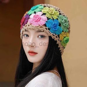 Banie / Capes de crâne japonais printemps d'été littéraire et artistique coloré fleur sac creux sac Head Femme Sweet Fashion Cap de bonnet à main à la main D240429