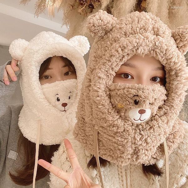 Bonnet/tête de mort casquettes Kawaii ours oreille chapeau écharpe gants ensemble hiver femmes nouveauté chaud décontracté chapeaux en peluche solide polaire mignon fille accessoires Delm22